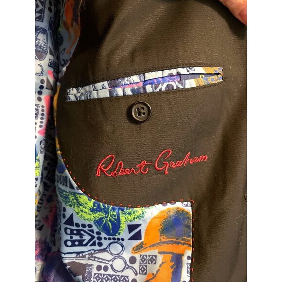 Robert Graham Mens Black Blazer With Colorful Artistic Lining Size 44 - Picture 4 of 8